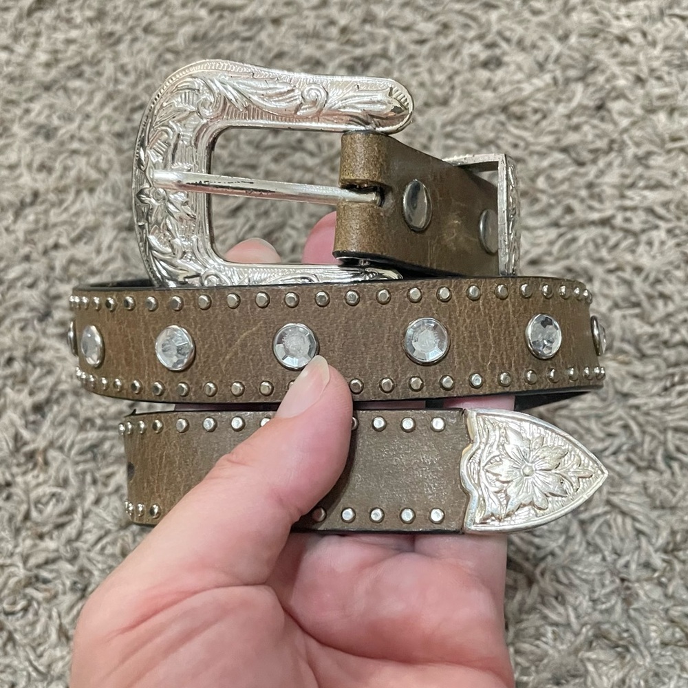 Nocano Kids Genuine Brown‎ Leather Belt Studs & Rhinestones Sz 22 Western Belt